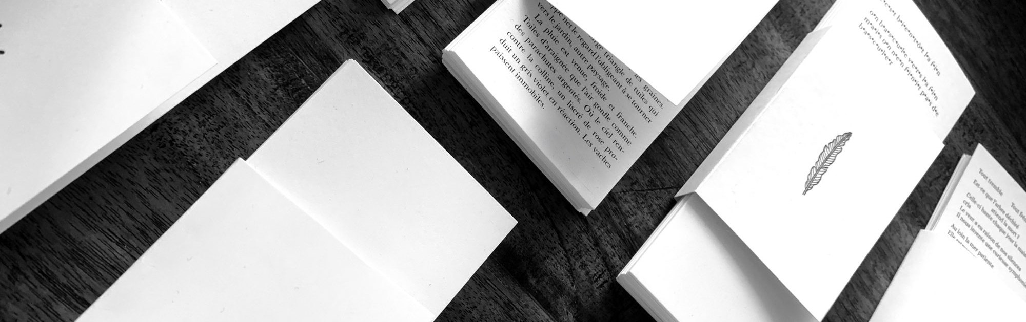 Livres blancs disposés sur une table sombre, vue de dessus, en noir et blanc